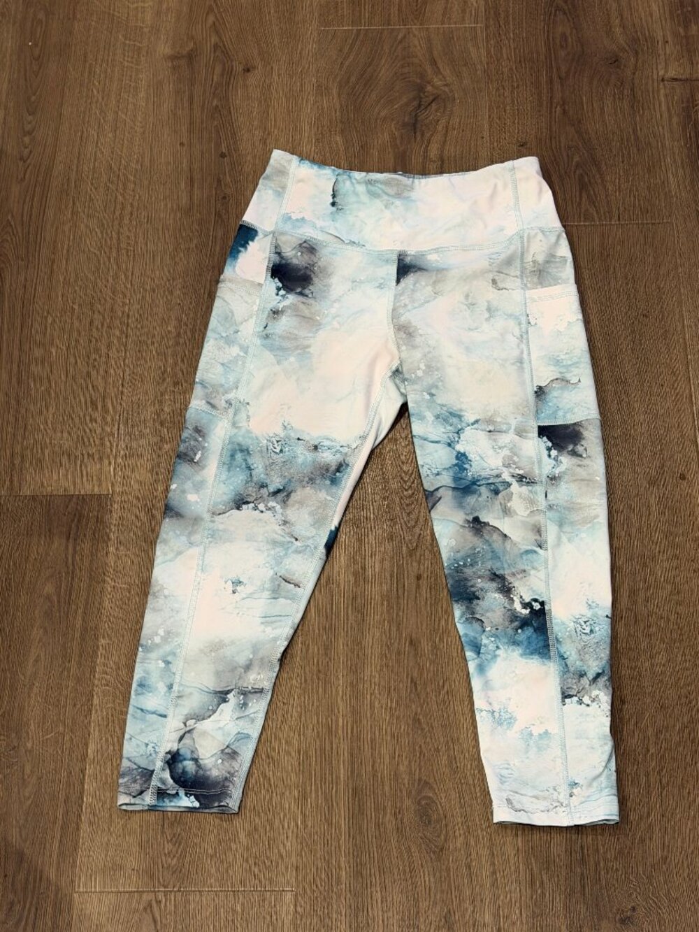 Balance Collection Blue Marble Yoga Leggings High Rise Capri Pocket Women's L
